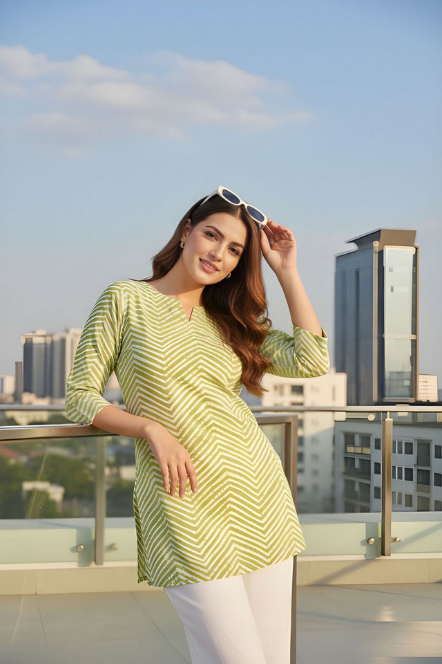 Green Printed Cotton Blend Short Kurti (ACY8193)