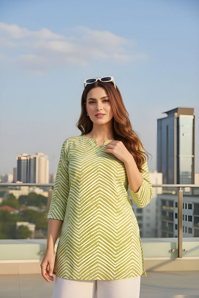 Green Printed Cotton Blend Short Kurti (ACY8193)