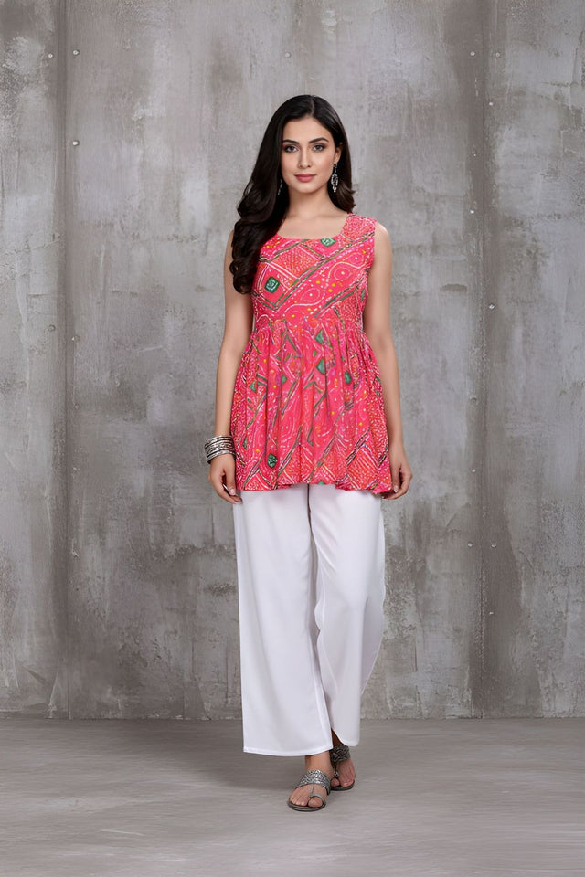 Pink Printed Silk Short Kurti (ACY8194)