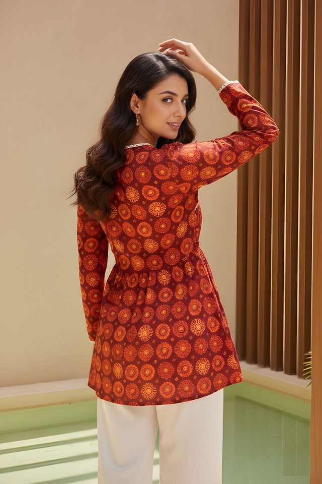 Orange Printed Silk Short Kurti (ACY8195)