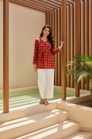 Orange Printed Silk Short Kurti (ACY8195)