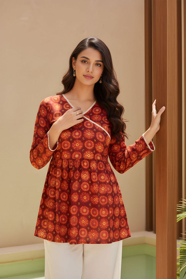Orange Printed Silk Short Kurti (ACY8195)