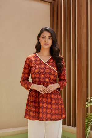 Orange Printed Silk Short Kurti (ACY8195)