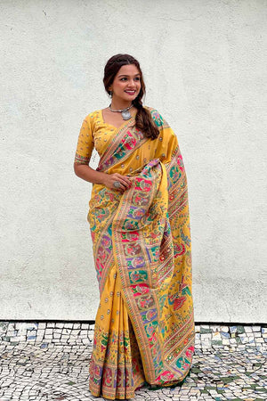 Yellow Pashmina Silk Woven Design Saree