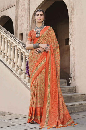 Orange Silk Printed Saree