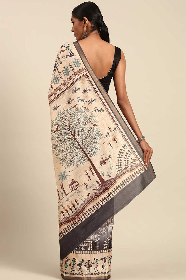 Grey Printed Cotton Saree (ACZ4126)