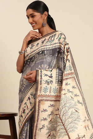 Grey Printed Cotton Saree (ACZ4126)