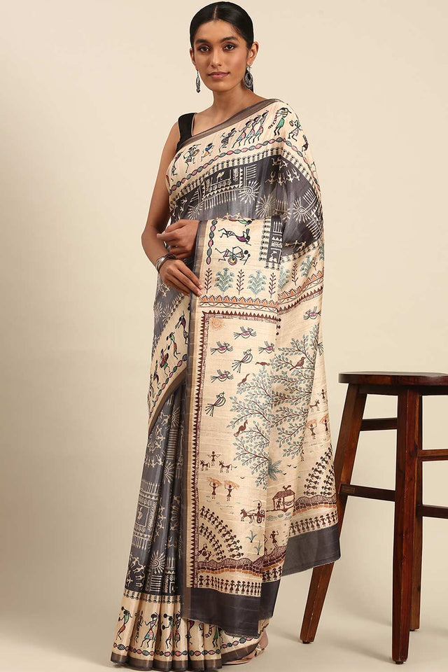 Grey Printed Cotton Saree (ACZ4126)