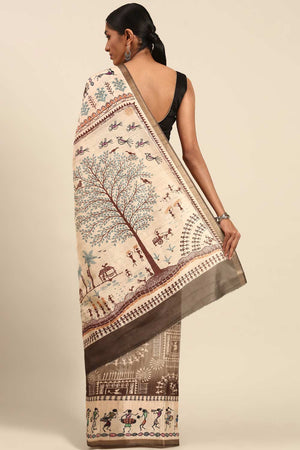 Brown Printed Cotton Saree (ACZ4127)