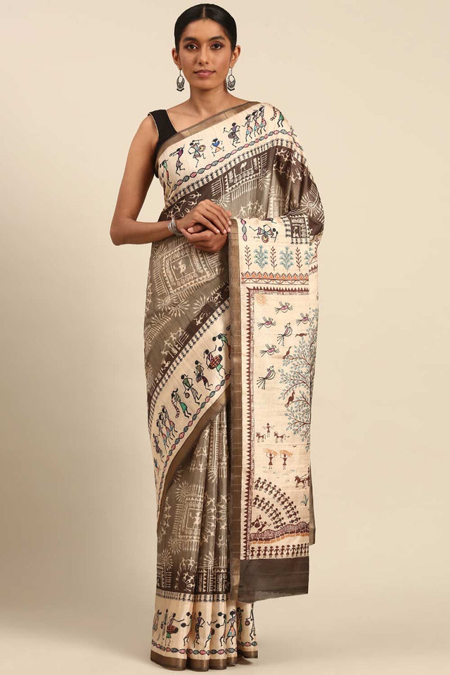 Brown Printed Cotton Saree (ACZ4127)