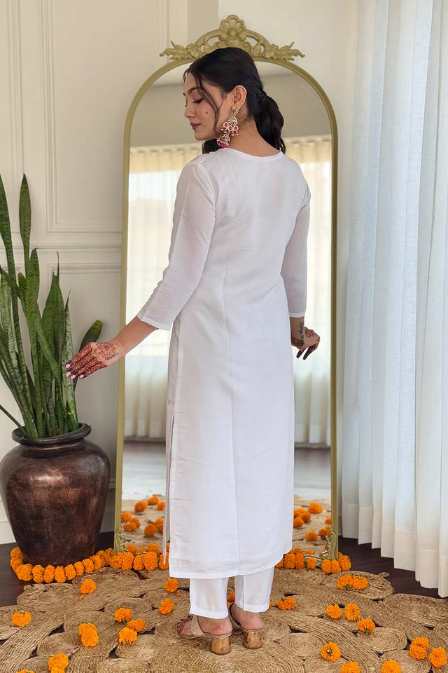 White Embroidered Viscose Palazzo Suit Set