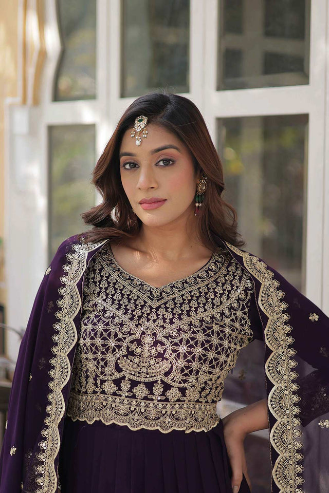 Purple Embroidered Georgette Gown