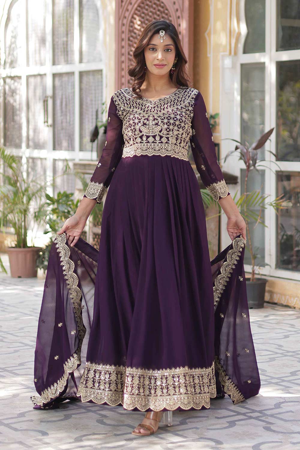 fitted lace wedding dress Purple Embroidered Georgette Gown (ACZ4235)