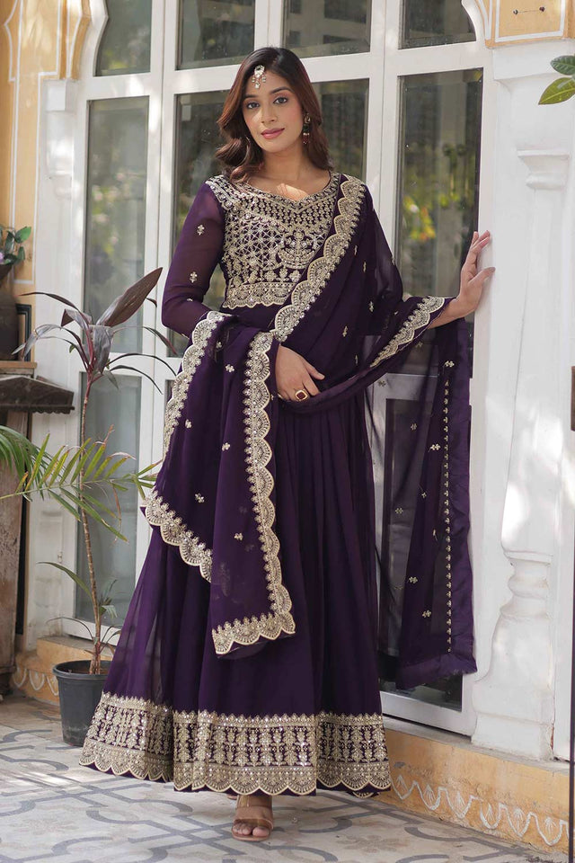 Purple Embroidered Georgette Gown