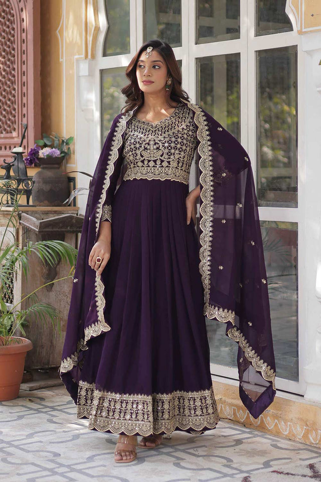 Purple Embroidered Georgette Gown
