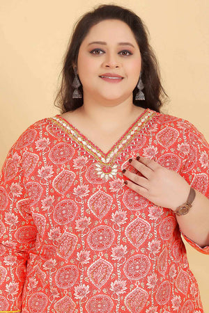 Orange Printed Viscose Kurti Pant Set