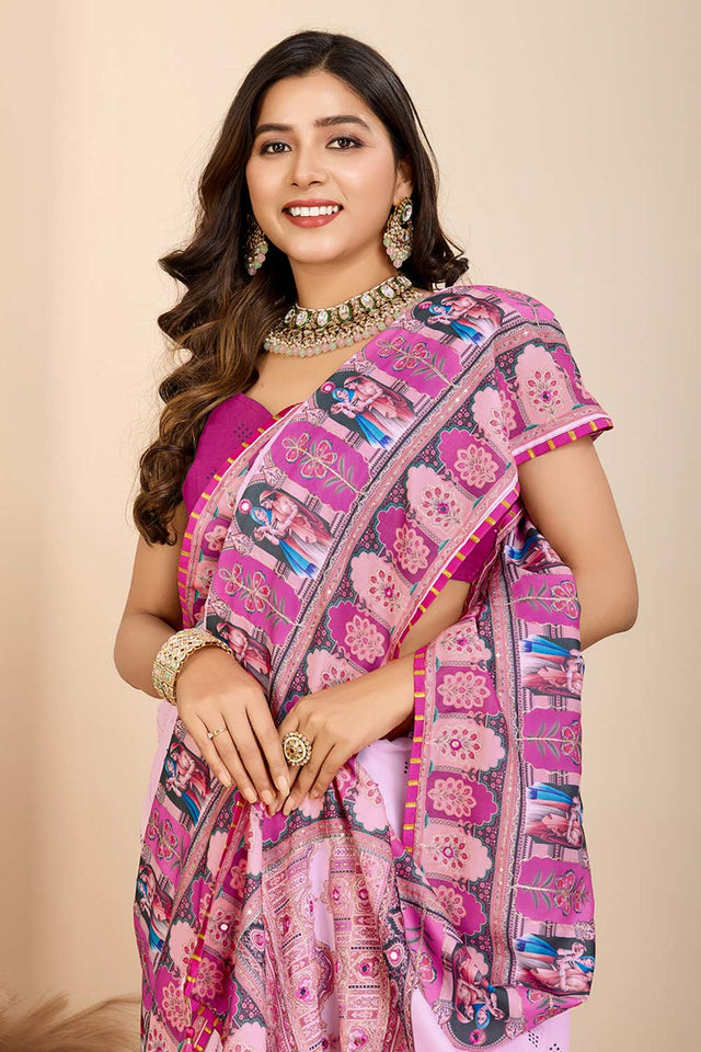 Violet Printed Muslin Saree