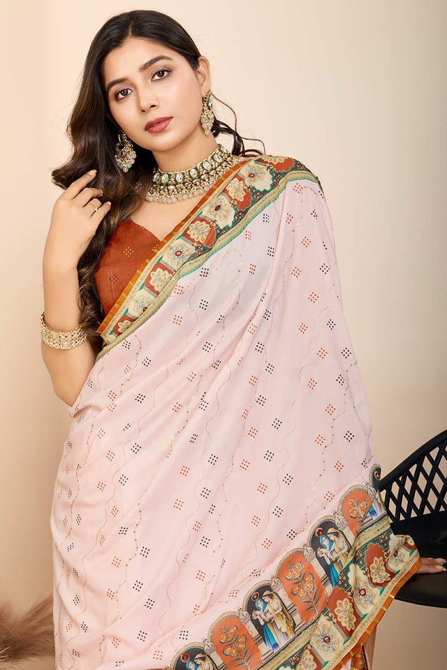 Orange Printed Muslin Saree