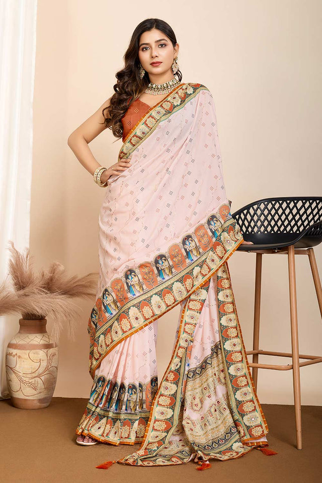 Orange Printed Muslin Saree