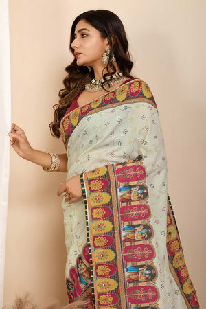 Yellow Printed Muslin Saree