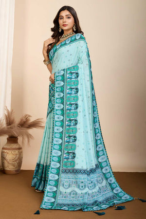 Turquoise Printed Muslin Saree