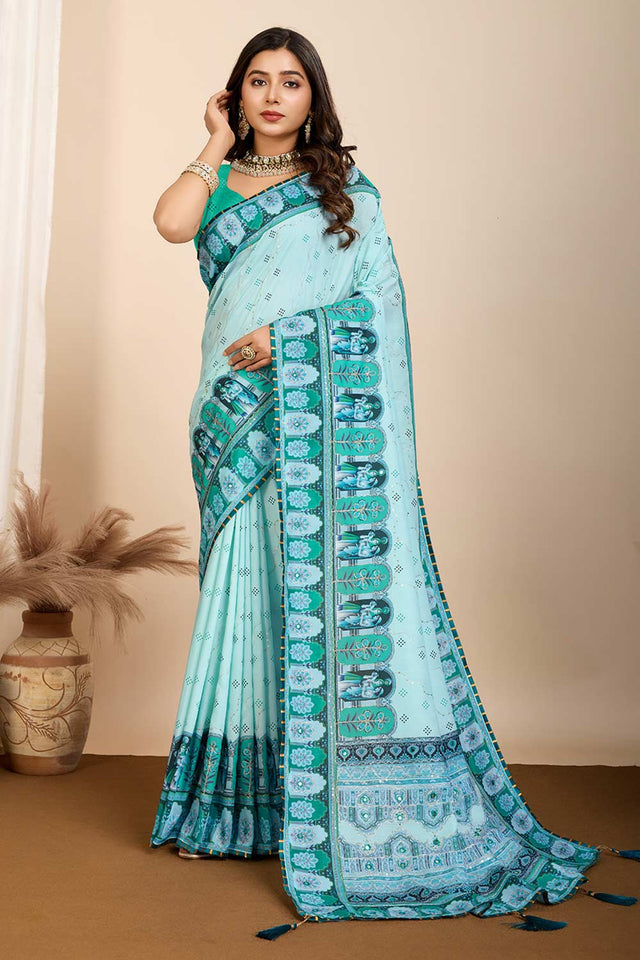 Turquoise Printed Muslin Saree