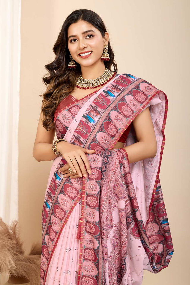 Pink Printed Muslin Saree