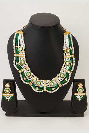 Green Artificial Pearl & kundan Brass Necklace (ACZ4595)