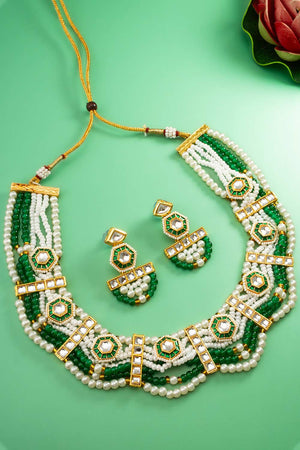Green Artificial Pearl & kundan Brass Necklace (ACZ4595)