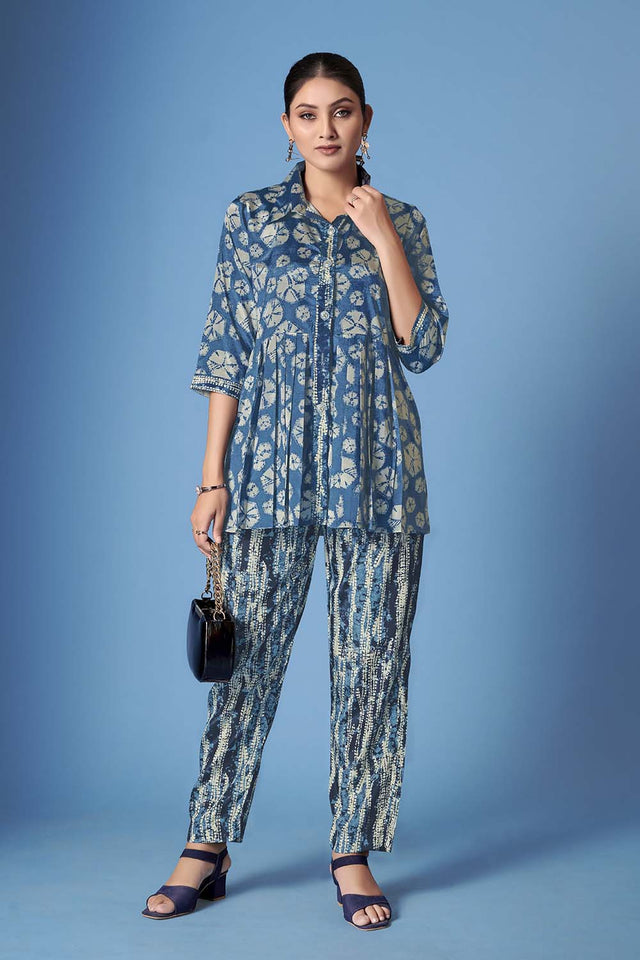 Blue Abstract Printed Crepe Co-Ord Set