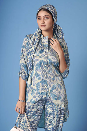 White Abstract Printed Crepe Co-Ord Set