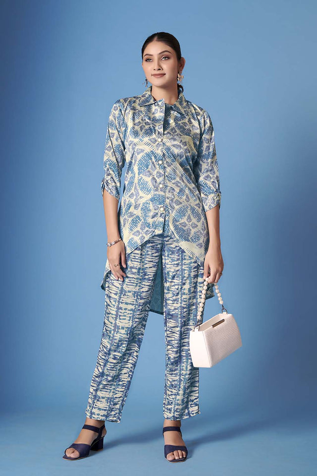 White Abstract Printed Crepe Co-Ord Set