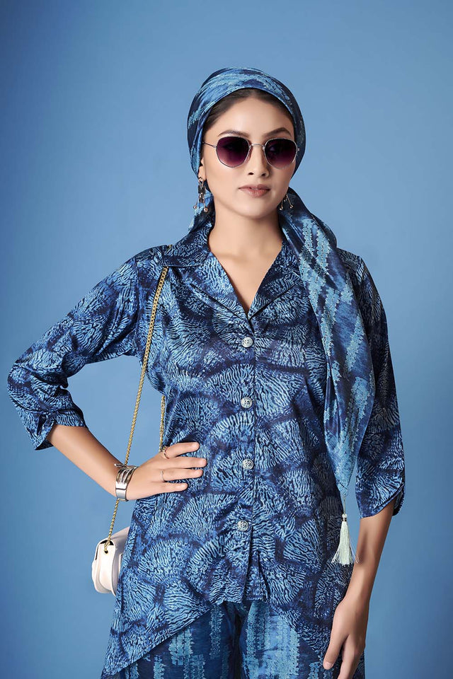 Blue Abstract Printed Crepe Co-Ord Set