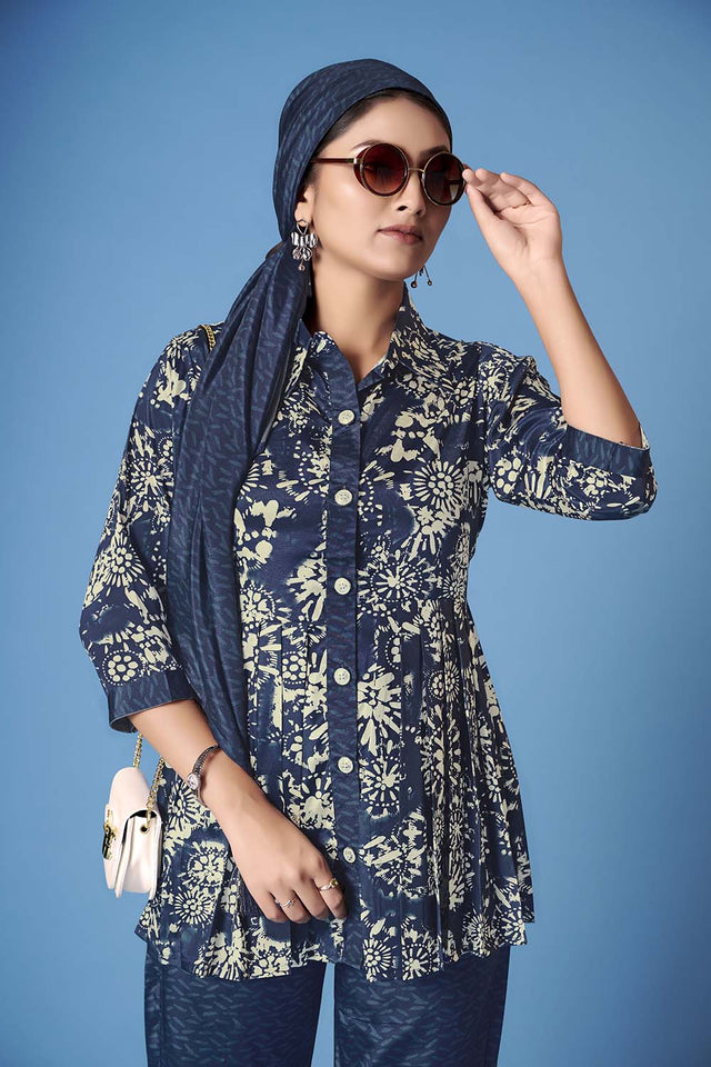 Blue Abstract Printed Crepe Co-Ord Set