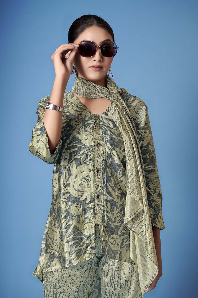 Grey Floral Printed Crepe Co-Ord Set