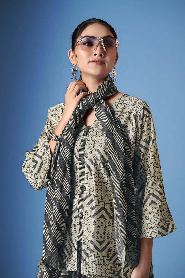 Grey Abstract Printed Crepe Co-Ord Set