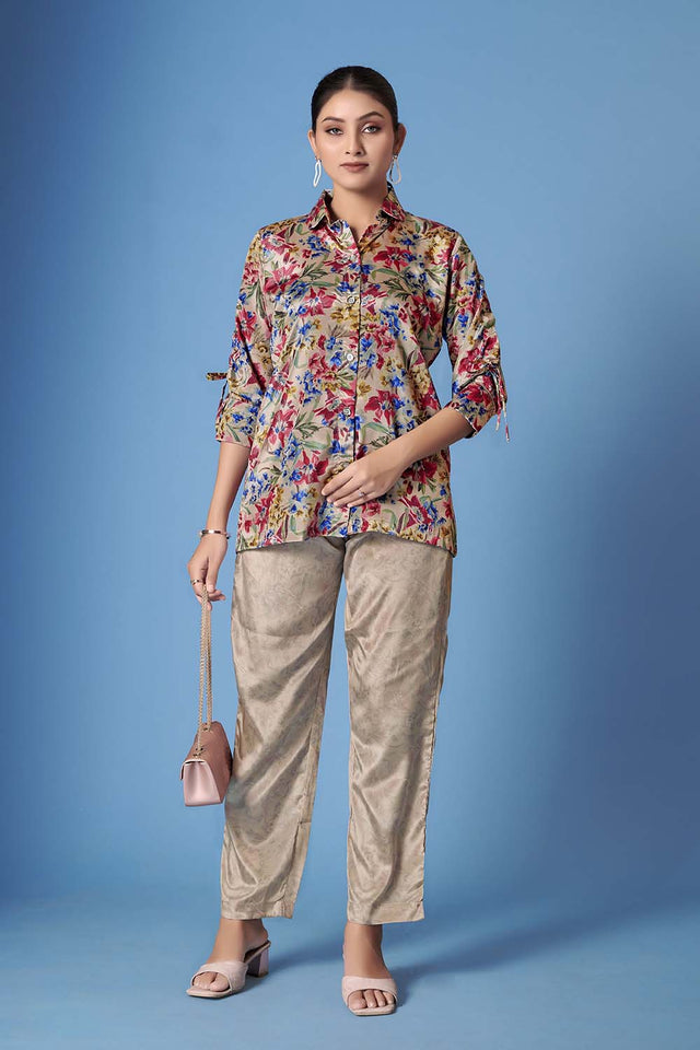 Brown Floral Printed Crepe Co-Ord Set