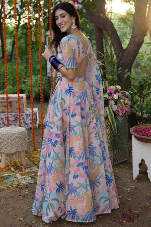 Pink Printed Georgette Lehenga
