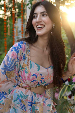 Pink Printed Georgette Lehenga