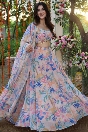 Pink Printed Georgette Lehenga