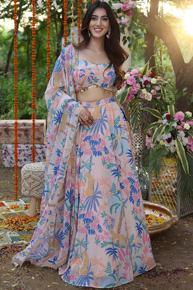 Pink Printed Georgette Lehenga