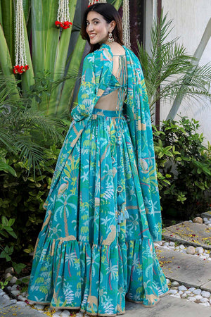 Turquoise Printed Georgette Lehenga