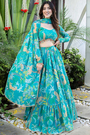 Turquoise Printed Georgette Lehenga