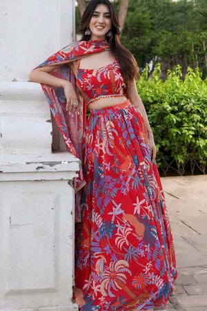 Red Printed Georgette Lehenga