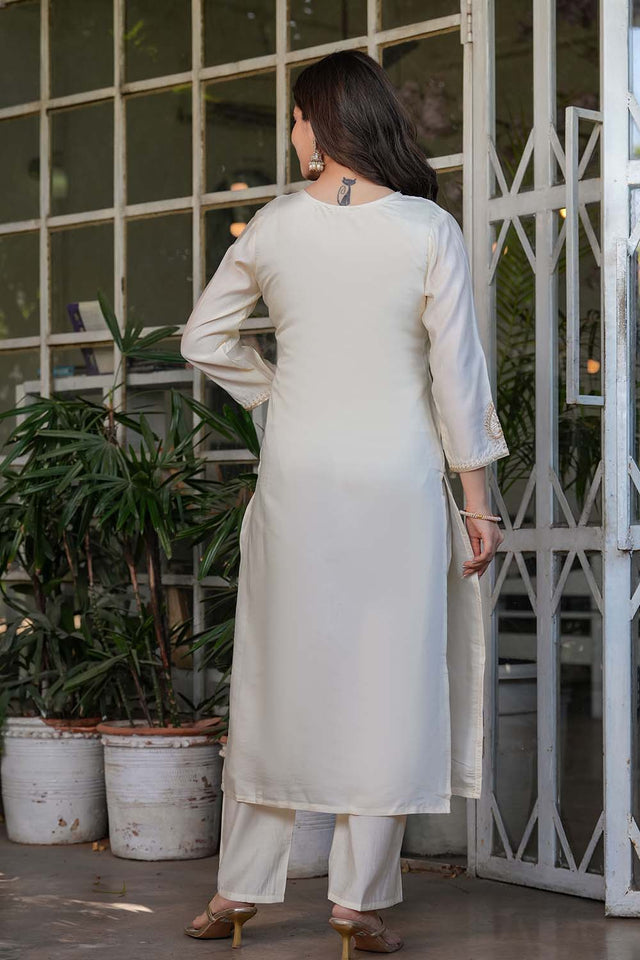 White Embroidered Chanderi Straight Cut Suit Set
