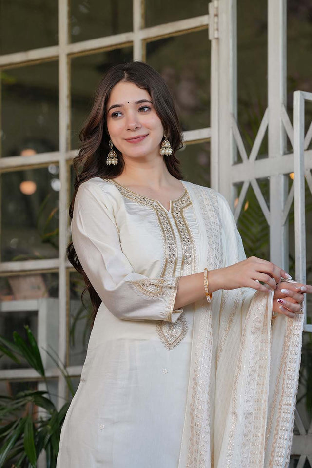 White Embroidered Chanderi Straight Cut Suit Set