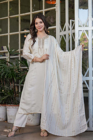 White Embroidered Chanderi Straight Cut Suit Set