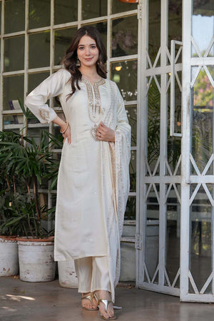White Embroidered Chanderi Straight Cut Suit Set