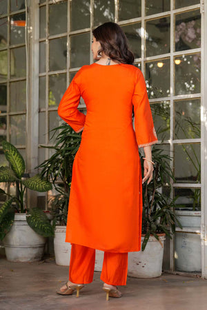Orange Embroidered Chanderi Straight Cut Suit Set