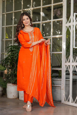 Orange Embroidered Chanderi Straight Cut Suit Set